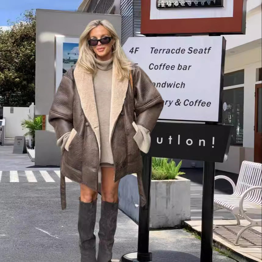 Elena Wrap Jas | Damesjas van Zacht Kunstleer met Bontkraag en Tailleceintuur