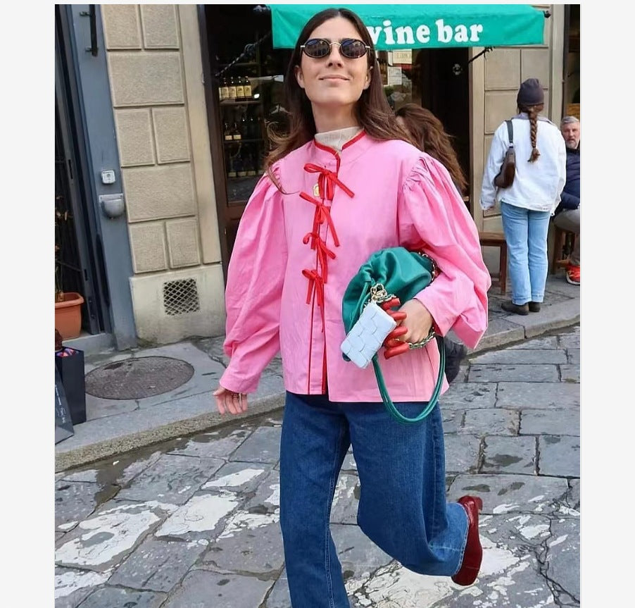 Chiara Blouse | Elegante Damesblouse met Ballonmouwen en Subtiel Kordeldetailv