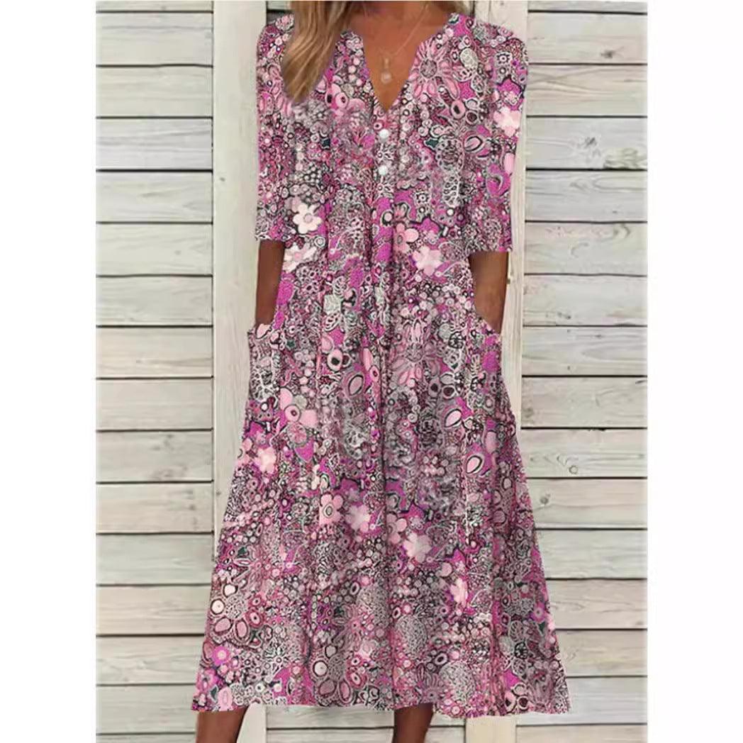 Zomerjurk Dames V-hals Korte Mouwen Casual Bloemenprint - Rood / Blauw / Roze - Maelen