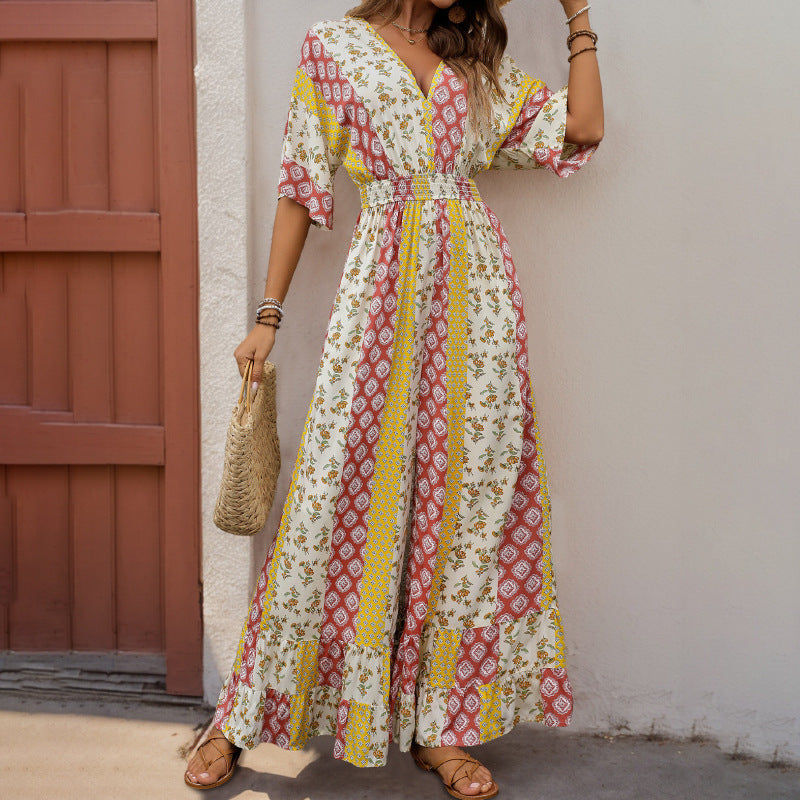 Chiara Jumpsuit | Boho Jumpsuit met Wijde Pijpen, Diepe V-Hals en Elastische Taille