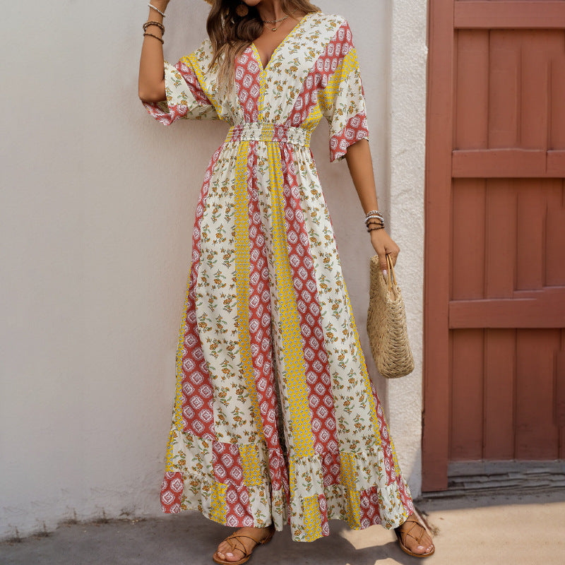 Chiara Jumpsuit | Boho Jumpsuit met Wijde Pijpen, Diepe V-Hals en Elastische Taille