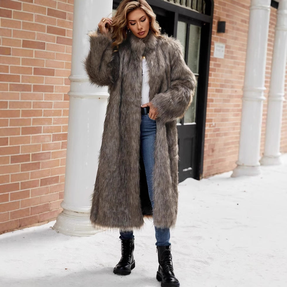 Elisabetta Kunstbont Jas | Lange Dames Jas van Zacht Faux Fur met Hoge Kraag en Zakken