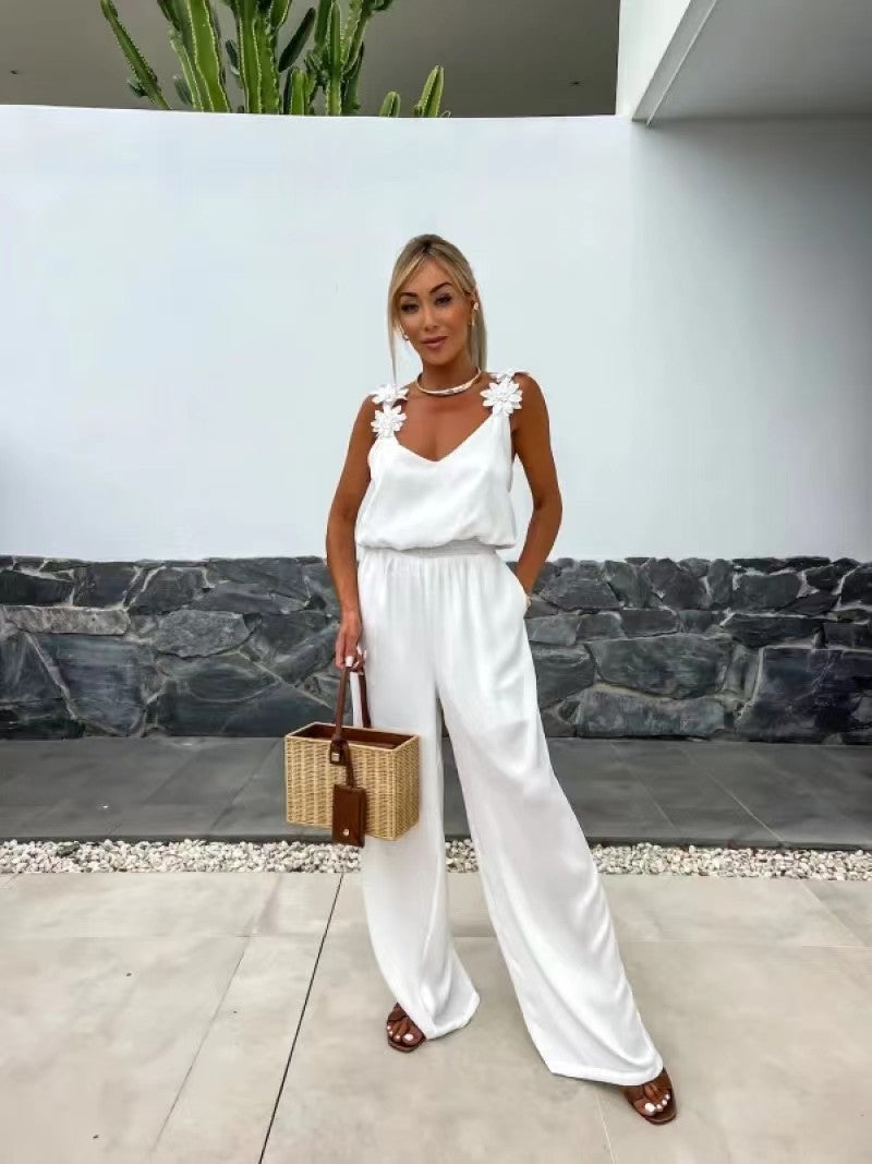 Anselma Jumpsuit | Mouwloze Zomerjumpsuit met Bloemdetail en Elastische Taille