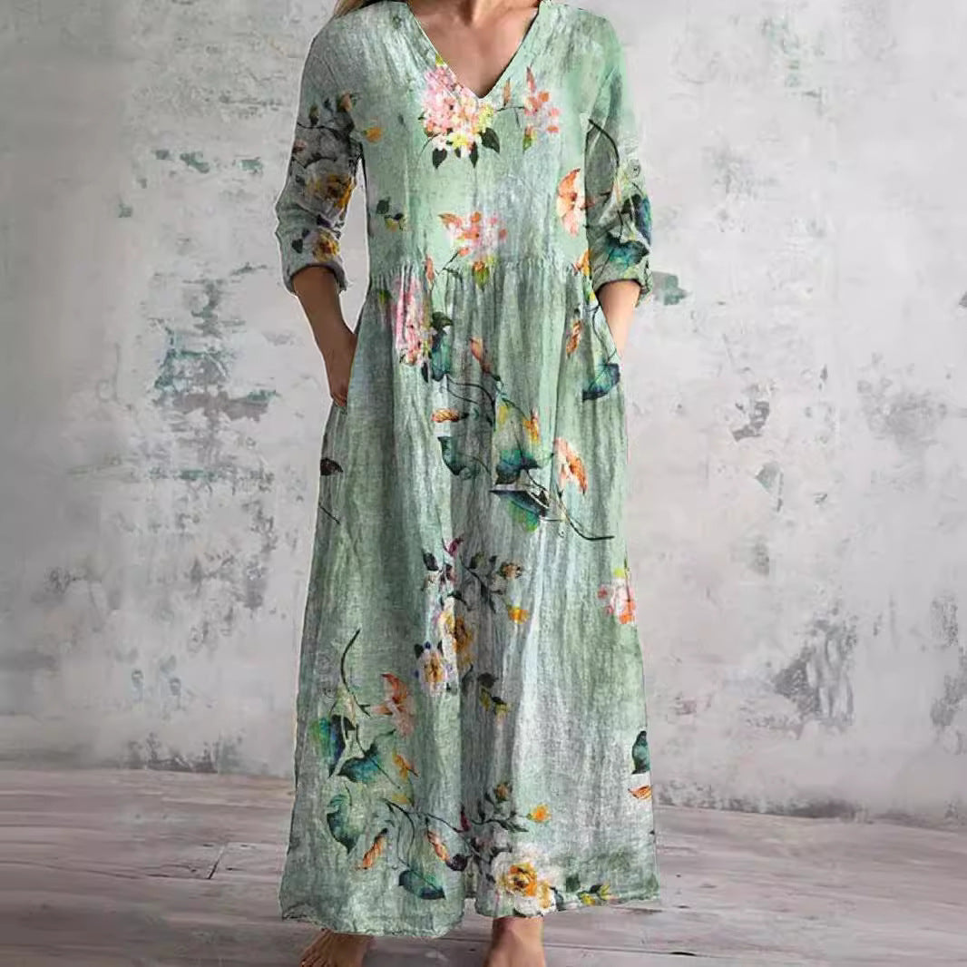 Dames Zomerjurk V-hals Bloemenprint Loszittend Midi - Beige / Roze / Mintgroen - Maelen