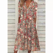 Zomerjurk Dames V-hals Korte Mouwen Casual Bloemenprint - Rood / Blauw / Roze - Maelen