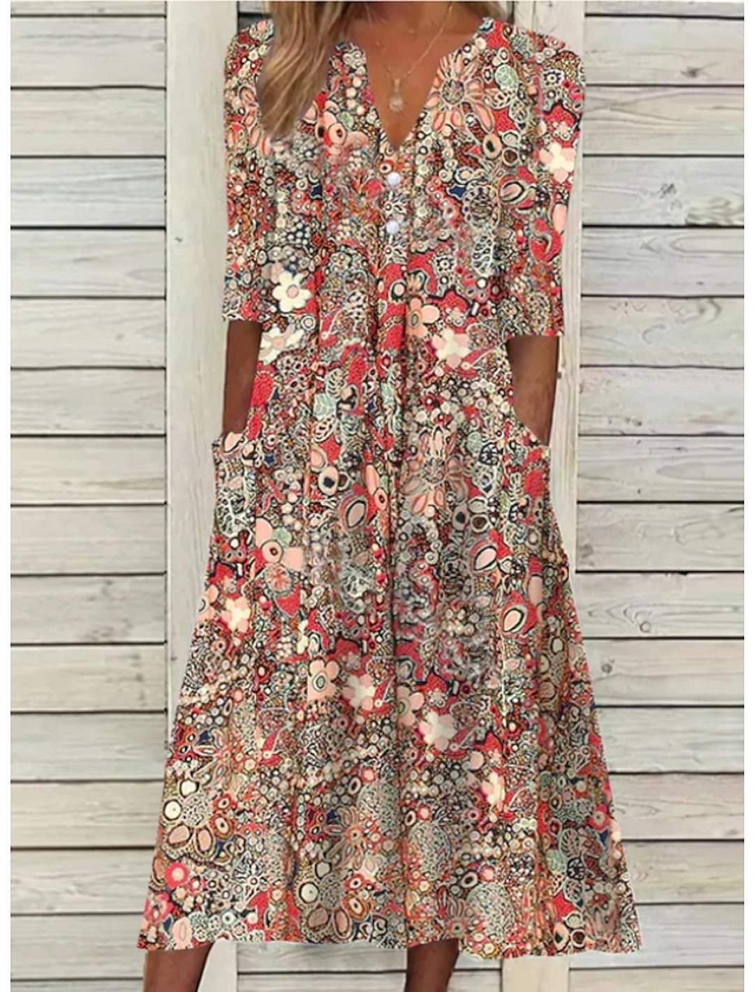 Zomerjurk Dames V-hals Korte Mouwen Casual Bloemenprint - Rood / Blauw / Roze - Maelen