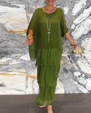 Lange Jurk Dames Casual Geplooide Rok Ronde Hals - Groen / Wit / Zwart - Maelen
