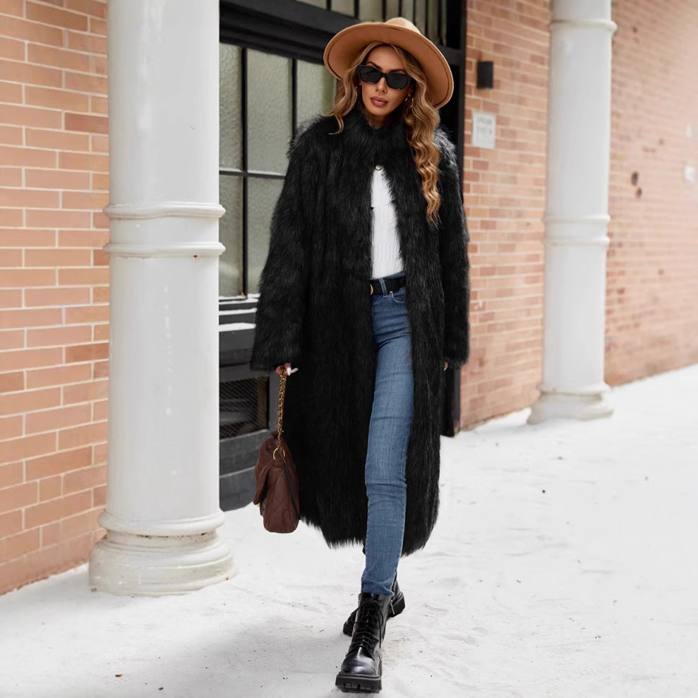 Elisabetta Kunstbont Jas | Lange Dames Jas van Zacht Faux Fur met Hoge Kraag en Zakken