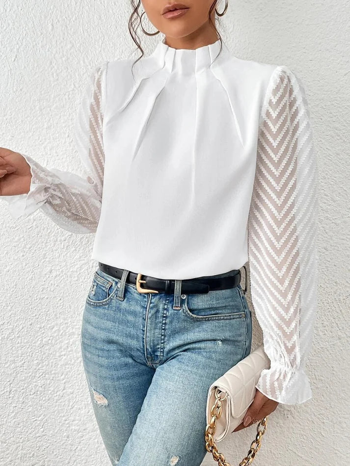 Adelina Top | Elegante Chiffon Damesblouse met Halve Hoge Kraag