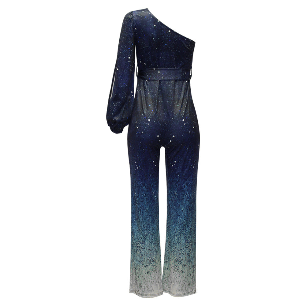 Luciana Retro disco outfit dames – one shoulder jumpsuit met wijde ombre broek