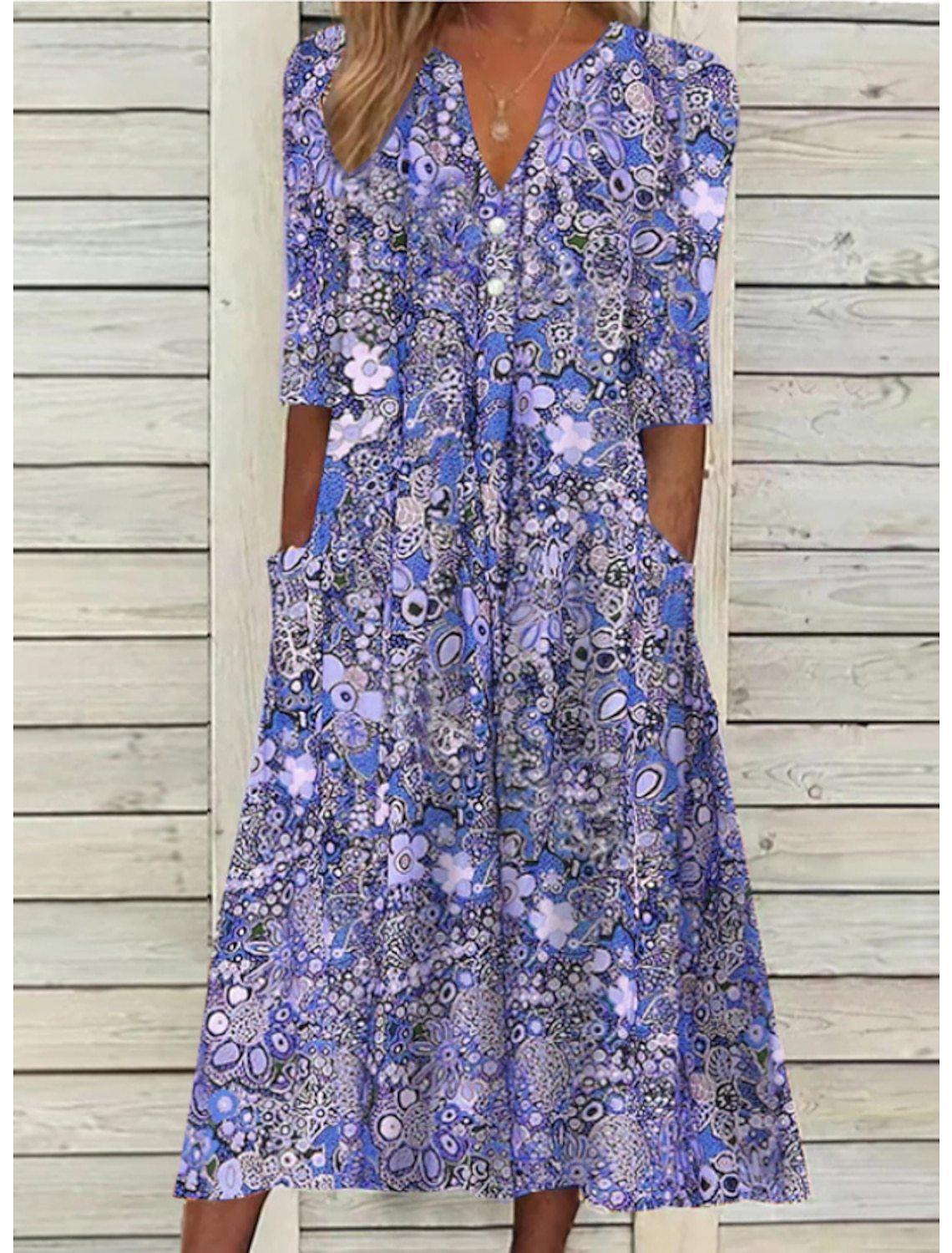 Zomerjurk Dames V-hals Korte Mouwen Casual Bloemenprint - Rood / Blauw / Roze - Maelen