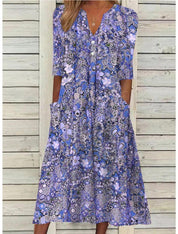 Zomerjurk Dames V-hals Korte Mouwen Casual Bloemenprint - Rood / Blauw / Roze - Maelen