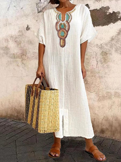 Alejandra Jurk | Bohemian Maxi Jurk met Borduurwerk, V-Hals en Split