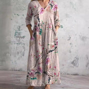 Dames Zomerjurk V-hals Bloemenprint Loszittend Midi - Beige / Roze / Mintgroen - Maelen