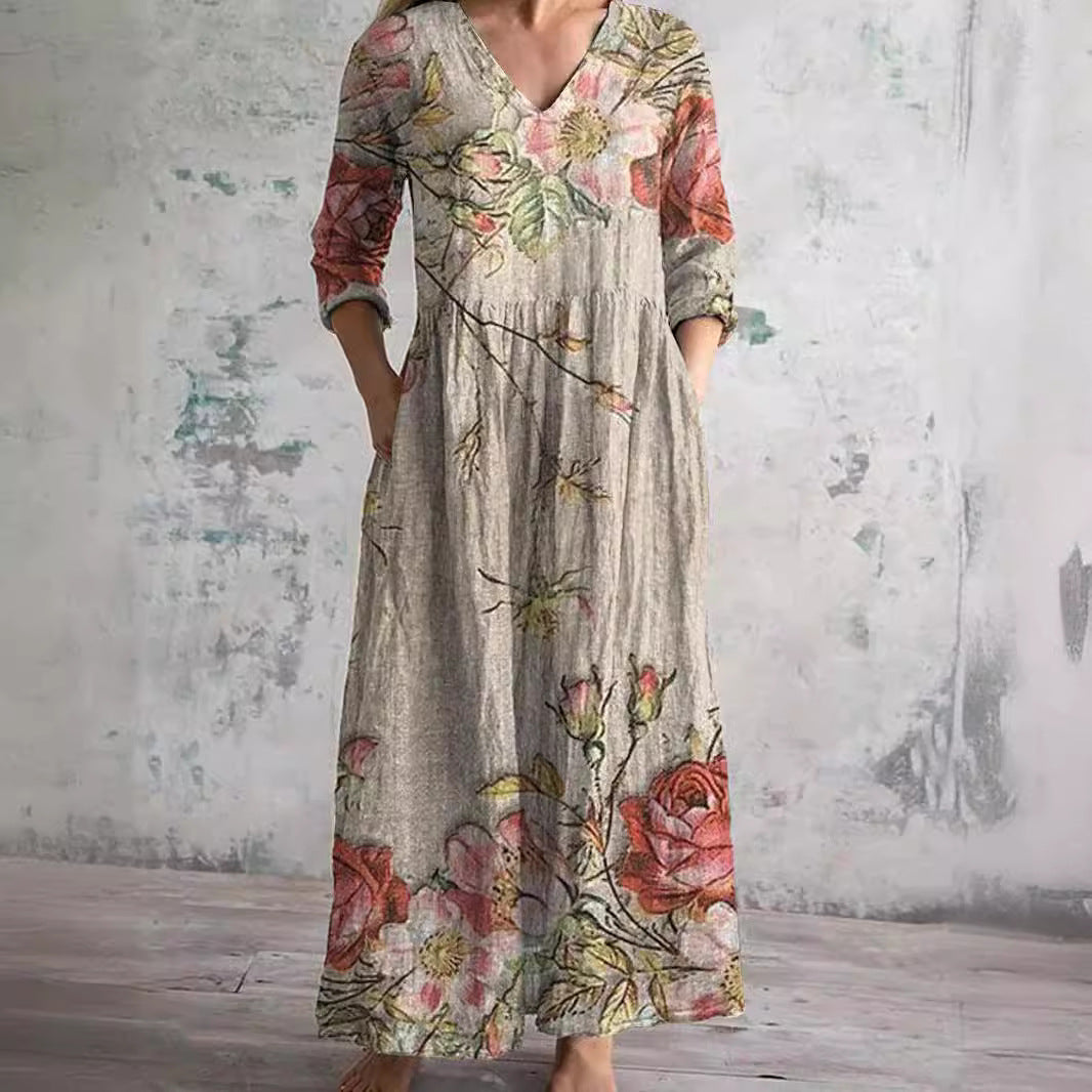 Dames Zomerjurk V-hals Bloemenprint Loszittend Midi - Beige / Roze / Mintgroen - Maelen