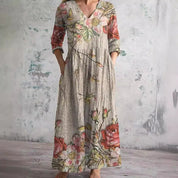 Dames Zomerjurk V-hals Bloemenprint Loszittend Midi - Beige / Roze / Mintgroen - Maelen