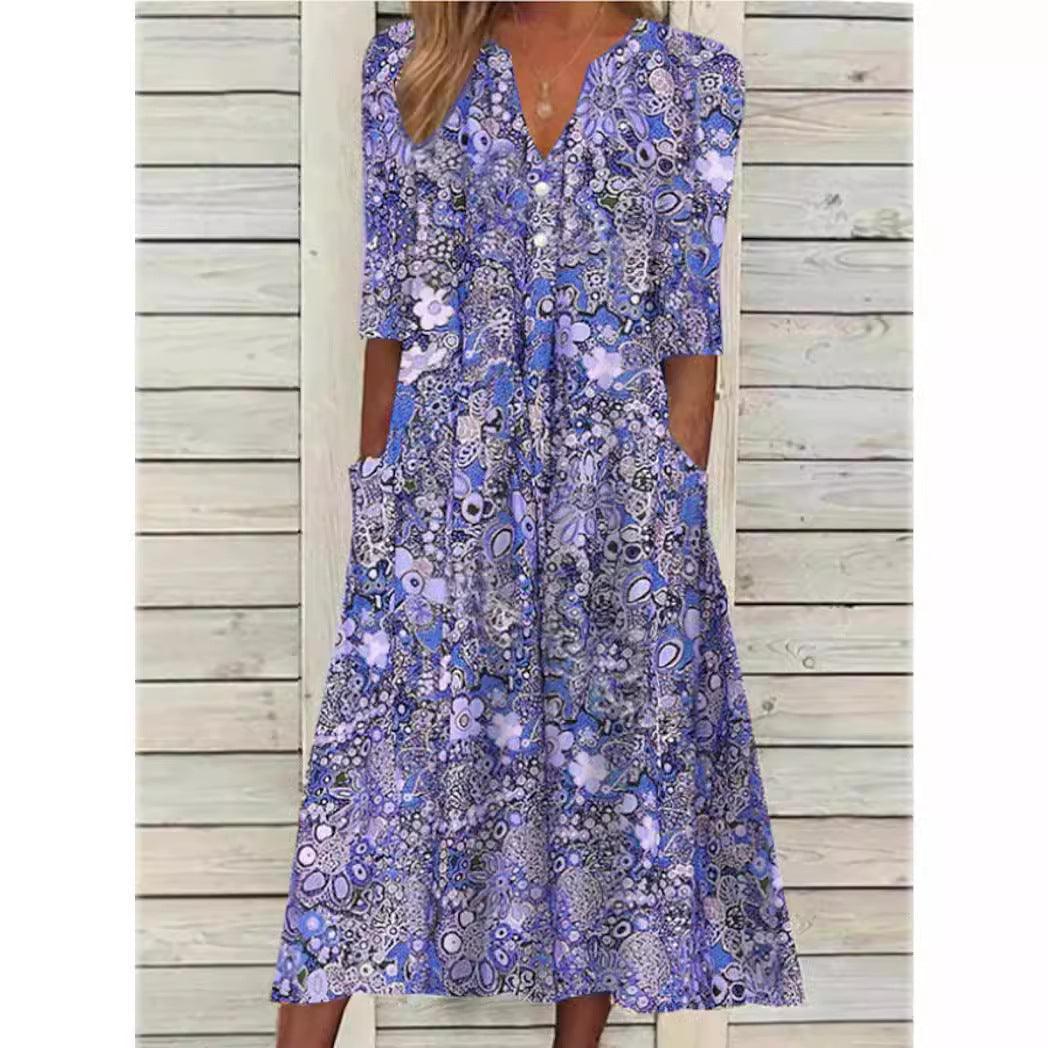 Zomerjurk Dames V-hals Korte Mouwen Casual Bloemenprint - Rood / Blauw / Roze - Maelen