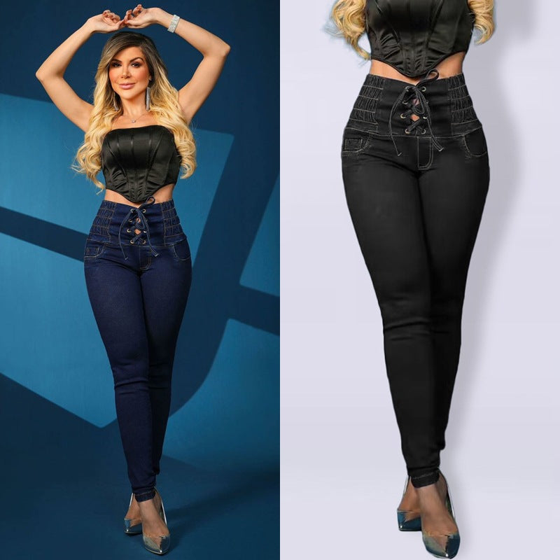 Livia Broek | Dames Stretch Broek met Hoge Taille en Modieuze Vetersluiting