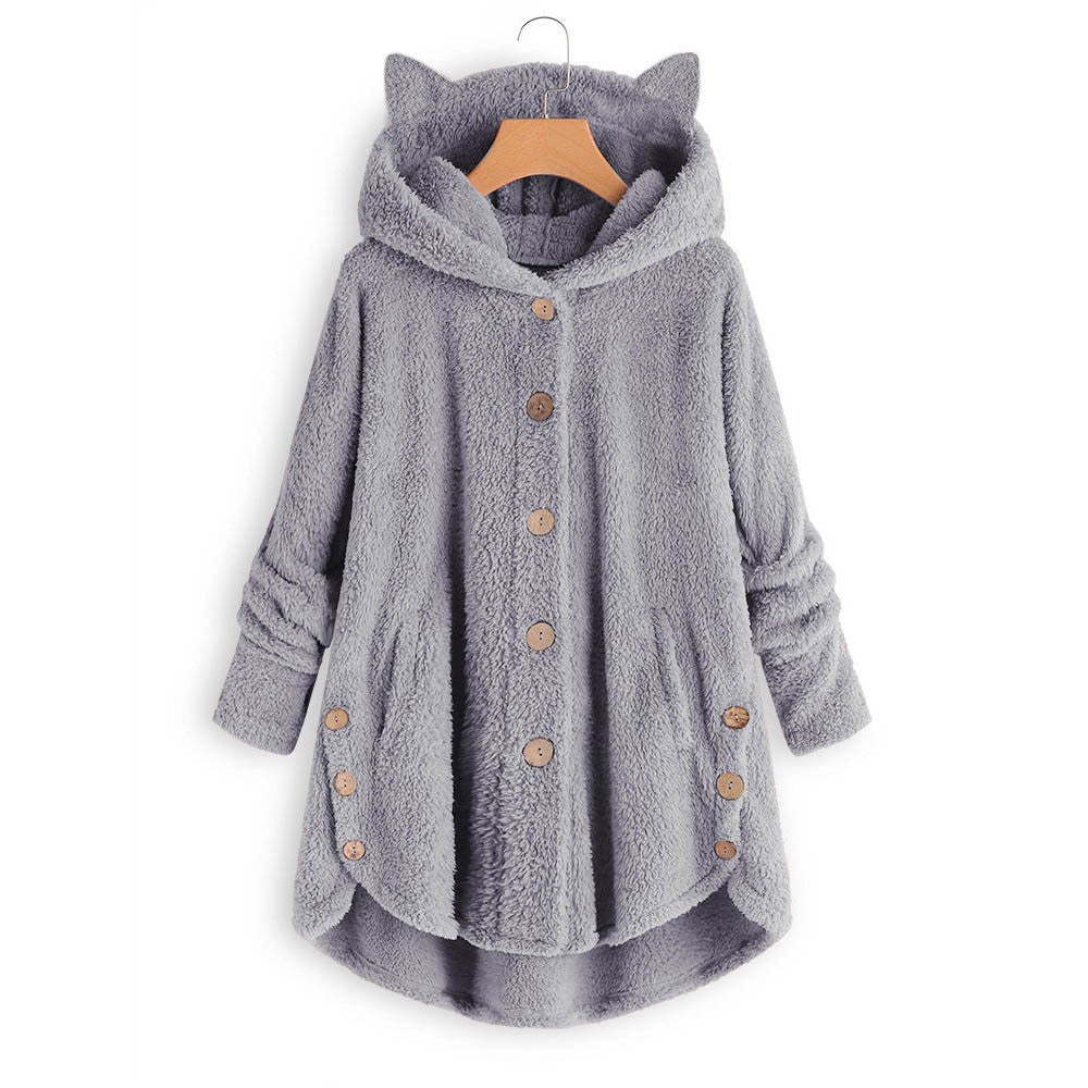 Mia Plush Coat | Oversized Damesjas met Kattenoren Capuchon en Knoopsluiting