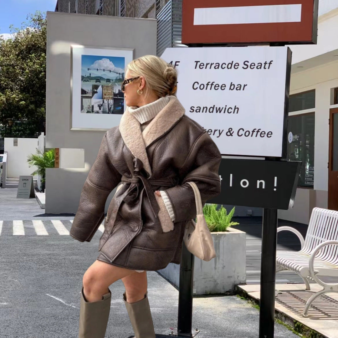 Elena Wrap Jas | Damesjas van Zacht Kunstleer met Bontkraag en Tailleceintuur