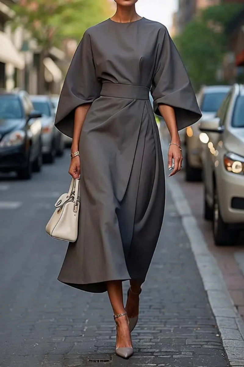 Dames Midi Jurk Wijde Mouwen Tailleband Gedrapeerd Aansluitend - Zwart / Marineblauw / Beige - Maelen