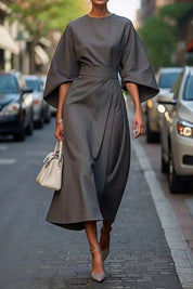 Dames Midi Jurk Wijde Mouwen Tailleband Gedrapeerd Aansluitend - Zwart / Marineblauw / Beige - Maelen