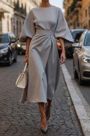 Dames Midi Jurk Wijde Mouwen Tailleband Gedrapeerd Aansluitend - Zwart / Marineblauw / Beige - Maelen