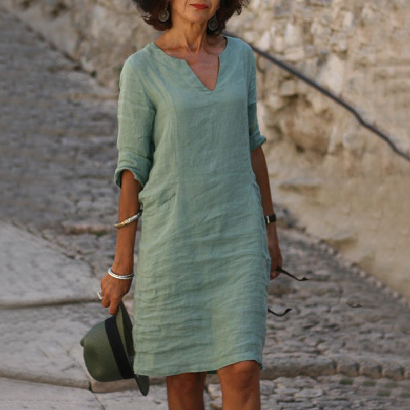 Dames Linnen Zomerjurk Losse Pasvorm Casual Comfortabel Lente Zomer - Oranje / Zwart / Khaki - Maelen