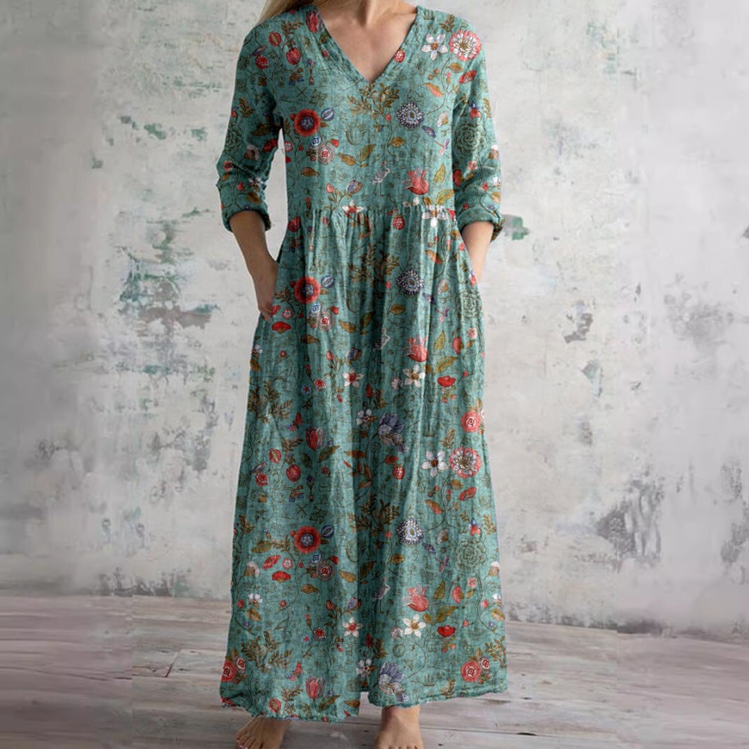 Dames Zomerjurk V-hals Bloemenprint Loszittend Midi - Beige / Roze / Mintgroen - Maelen