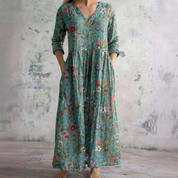 Dames Zomerjurk V-hals Bloemenprint Loszittend Midi - Beige / Roze / Mintgroen - Maelen