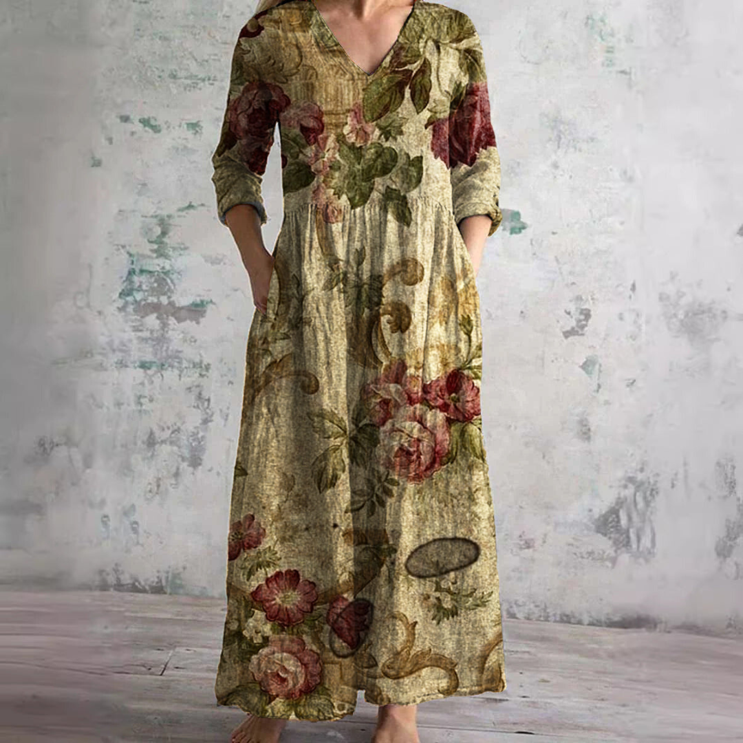 Dames Zomerjurk V-hals Bloemenprint Loszittend Midi - Beige / Roze / Mintgroen - Maelen