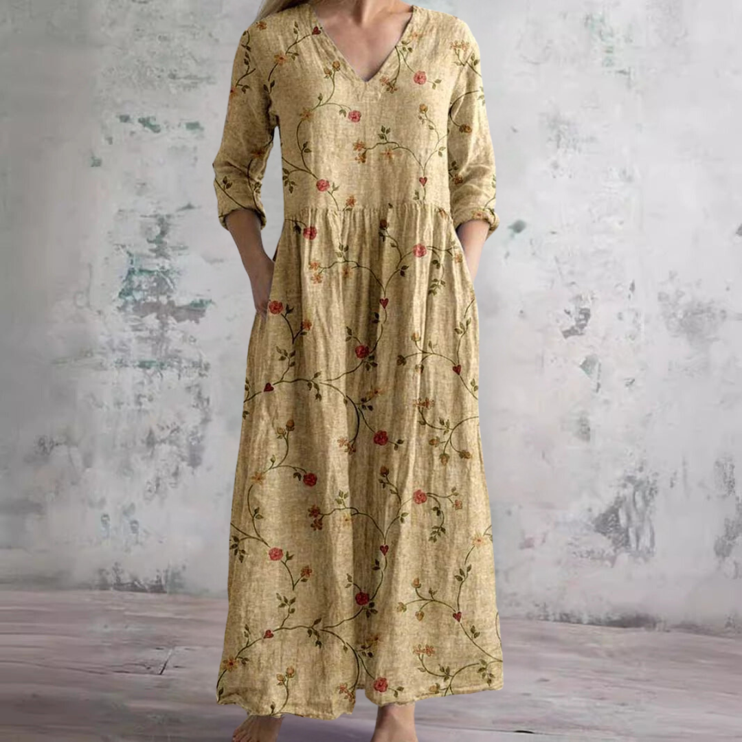Dames Zomerjurk V-hals Bloemenprint Loszittend Midi - Beige / Roze / Mintgroen - Maelen