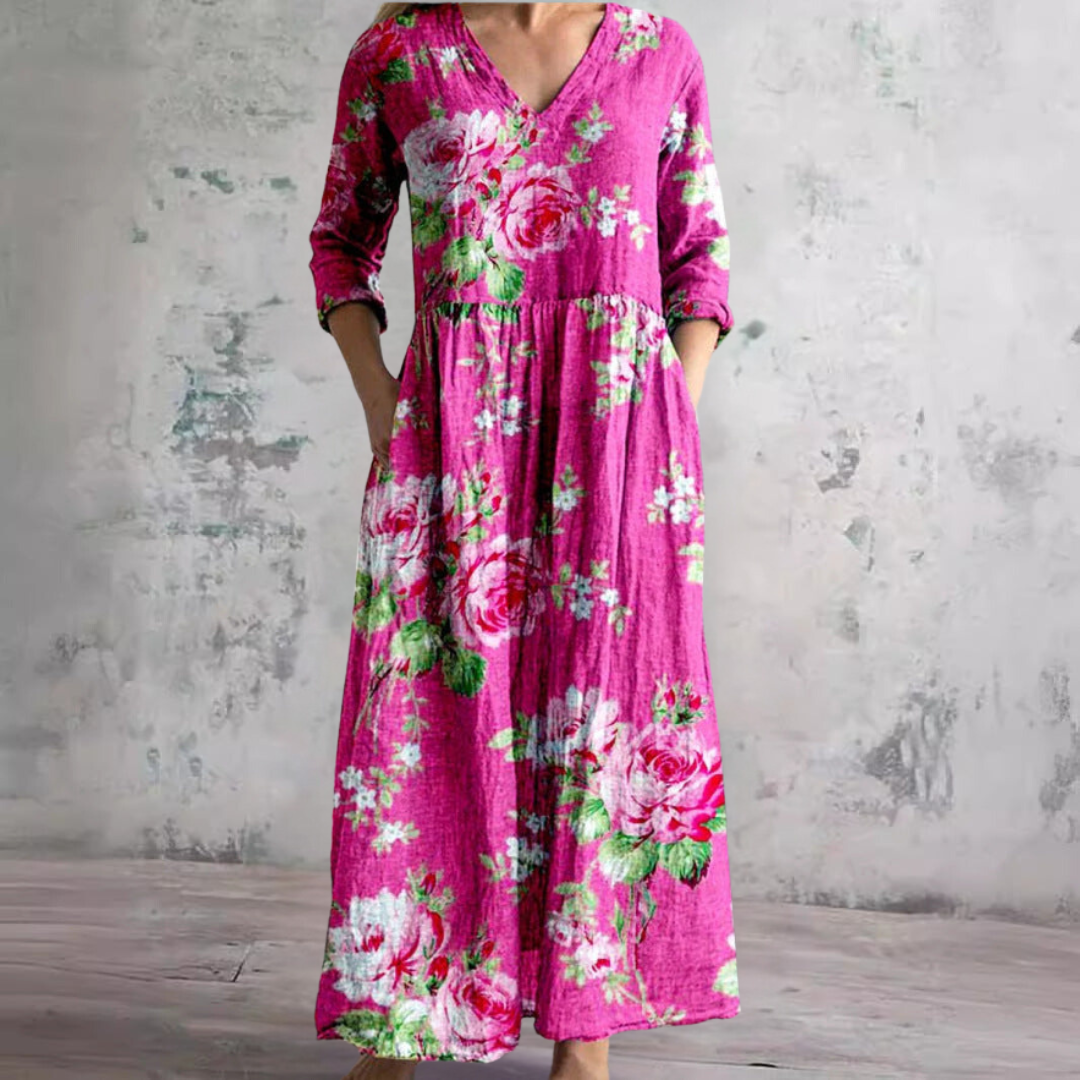 Dames Zomerjurk V-hals Bloemenprint Loszittend Midi - Beige / Roze / Mintgroen - Maelen