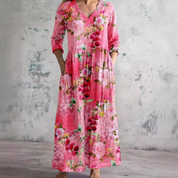 Dames Zomerjurk V-hals Bloemenprint Loszittend Midi - Beige / Roze / Mintgroen - Maelen