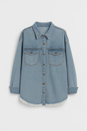 Denim Damesblouse met Borstzakken - Lichtblauw / Olijfgroen - Maelen