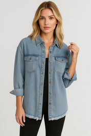 Denim Damesblouse met Borstzakken - Lichtblauw / Olijfgroen - Maelen