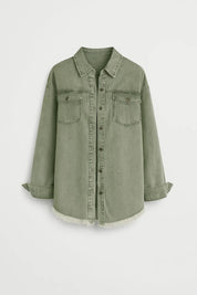 Denim Damesblouse met Borstzakken - Lichtblauw / Olijfgroen - Maelen