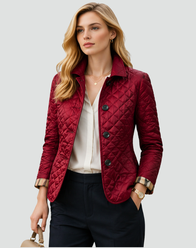 Gewatteerde Dames Tussenseizoenjas Elegant met Kraag en Knopen en Ruitpatroon - Zwart/Rood/Blauw