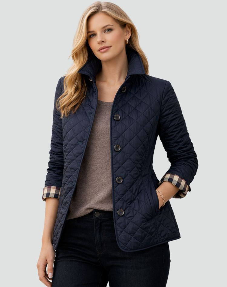 Gewatteerde Dames Tussenseizoenjas Elegant met Kraag en Knopen en Ruitpatroon - Zwart/Rood/Blauw