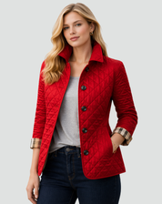 Gewatteerde Dames Tussenseizoenjas Elegant met Kraag en Knopen en Ruitpatroon - Zwart/Rood/Blauw