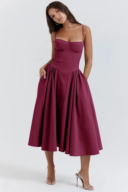 Alora Retro Geplooide Off-Shoulder Maxi Jurk | Elegante Zomerjurk voor Elke Gelegenheid