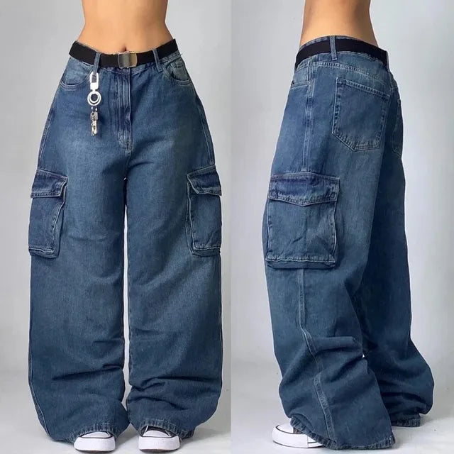 Aley | Retro Baggy Cargo Jeans Dames met Zakken - Oversized, Streetstyle en Comfortabel - Licht Blauw / Zwart / Blauw