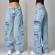 Aley | Retro Baggy Cargo Jeans Dames met Zakken - Oversized, Streetstyle en Comfortabel - Licht Blauw / Zwart / Blauw