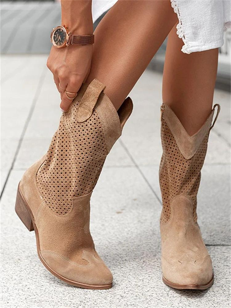 Dames Cowboylaarzen Geborduurde Schacht Blokhak Western Stijl - Wit / Zwart / Khaki - Maelen