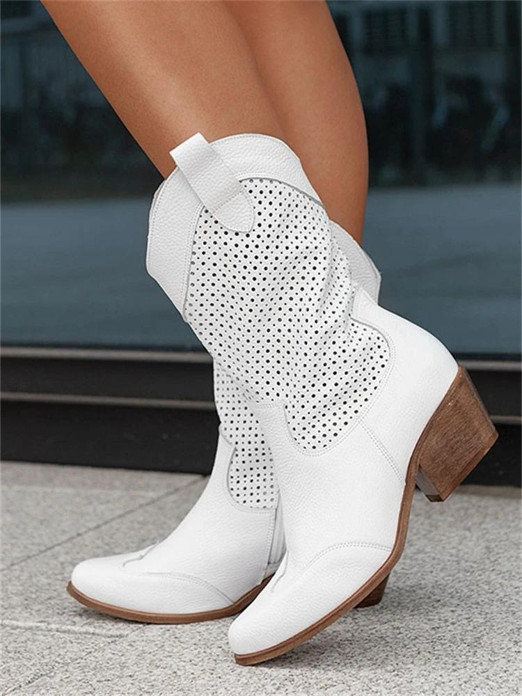 Dames Cowboylaarzen Geborduurde Schacht Blokhak Western Stijl - Wit / Zwart / Khaki - Maelen