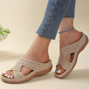 Dames Orthopedische Sandalen met Perforatie, Kruisende Bandjes en Ondersteunende Zool - Beige/Bruin/Blauw