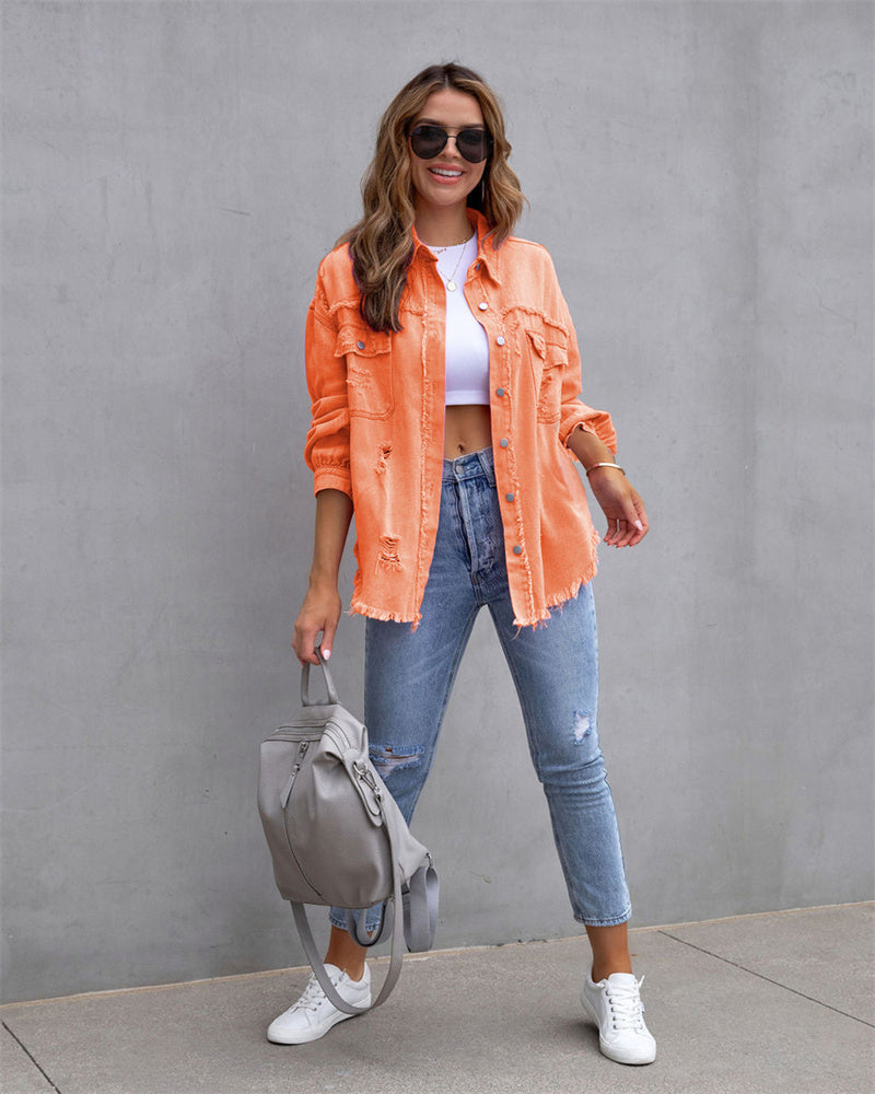 Dames Denim Jacket Oranje Casual Oversized - Oranje - Maelen