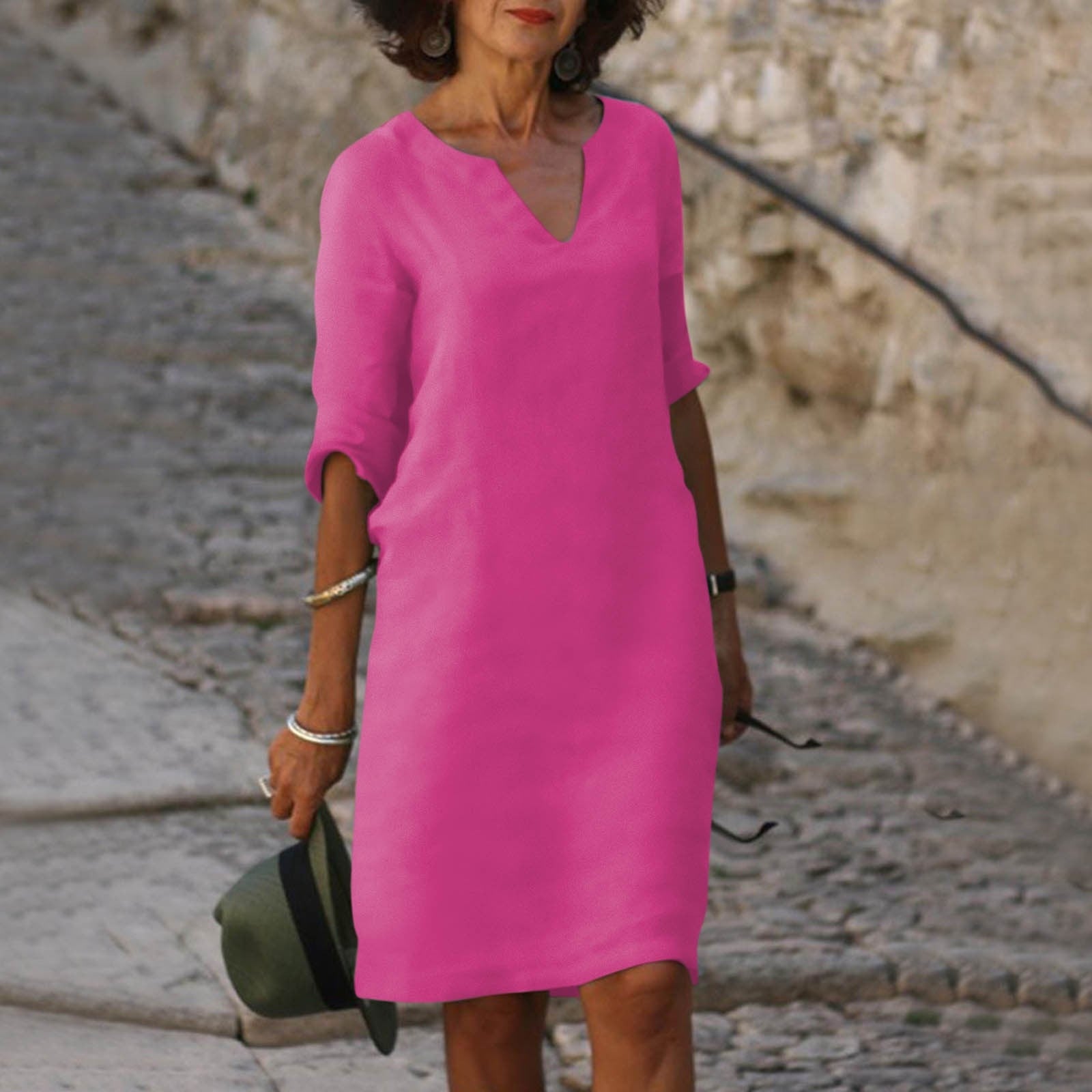 Linnen Midi Jurk Dames V-hals | Luchtige Zomerjurk Loose Fit – Villa Toscana