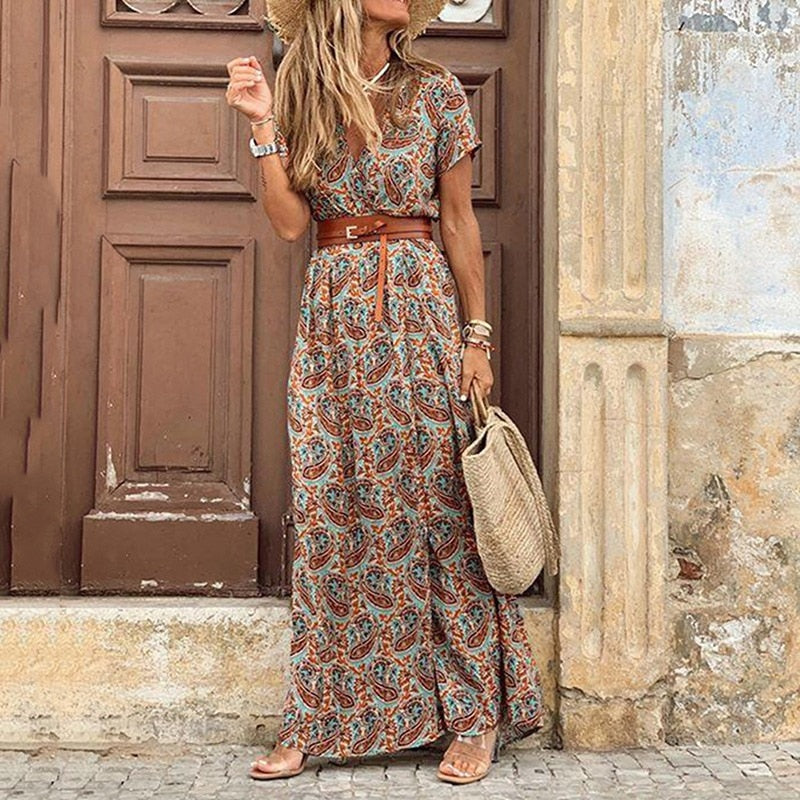 Dames Boho Maxi Jurk Bloemenprint met Riem Vintage Casual Zomer - Rood / Blauw / Groen - Maelen