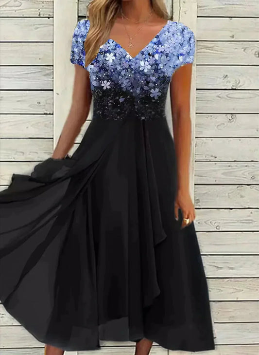 Adriyal Jurk | Chiffon Zomerjurk met Bloemenprint en V-hals